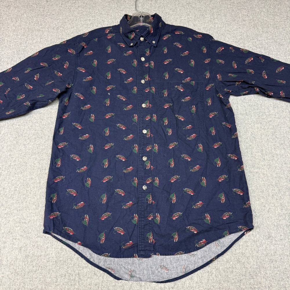 Wrangler Rugged Wear Button Down Shirt Medium Navy Blue Fly Fishing Lure Cotton